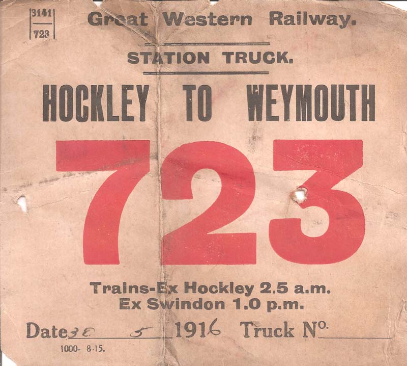 A Great Western Railway wagon label for the �Station truck� No 723, starting at Birmingham (Hockley Goods Yard)