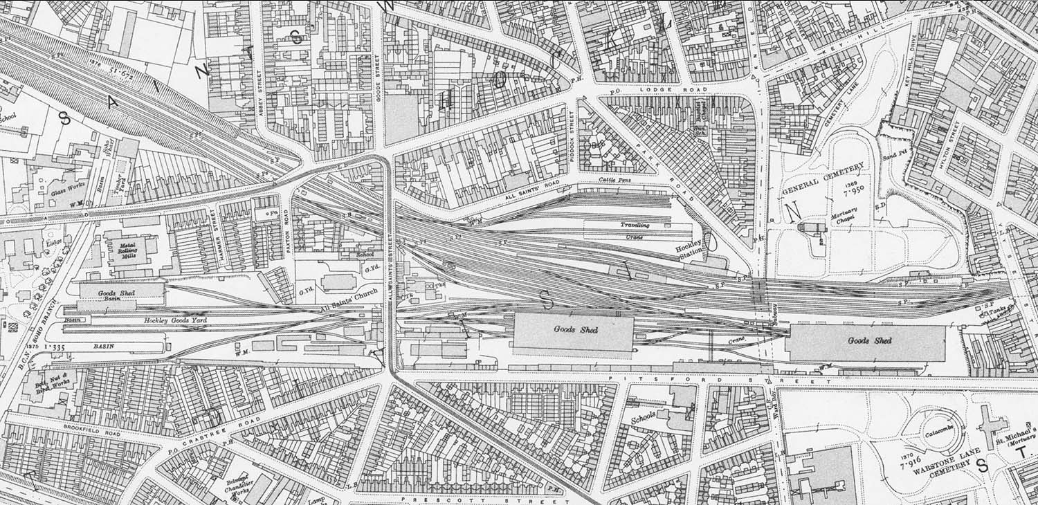 A 1913 25 inch to the mile Ordnance Survey map showing Hockley station, goods yard and transit sheds