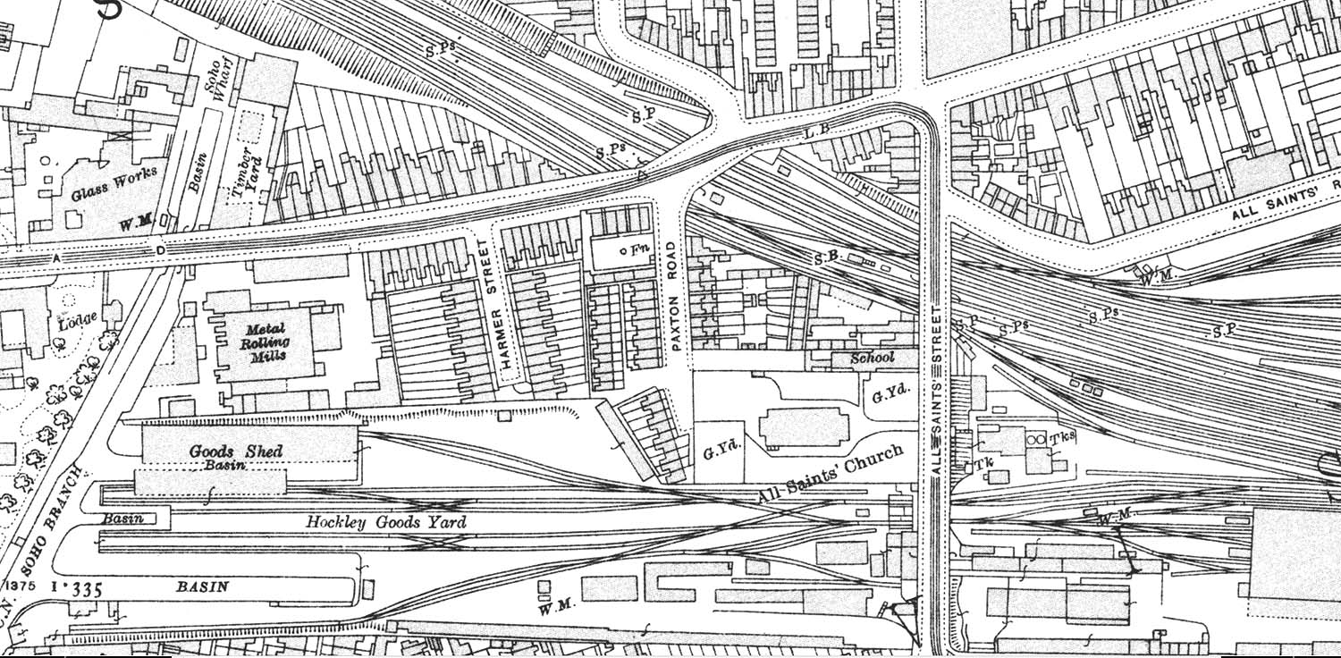 Close up of map showing All Saints Street and the canal wharf's two road wagon hoist adjacent to the church