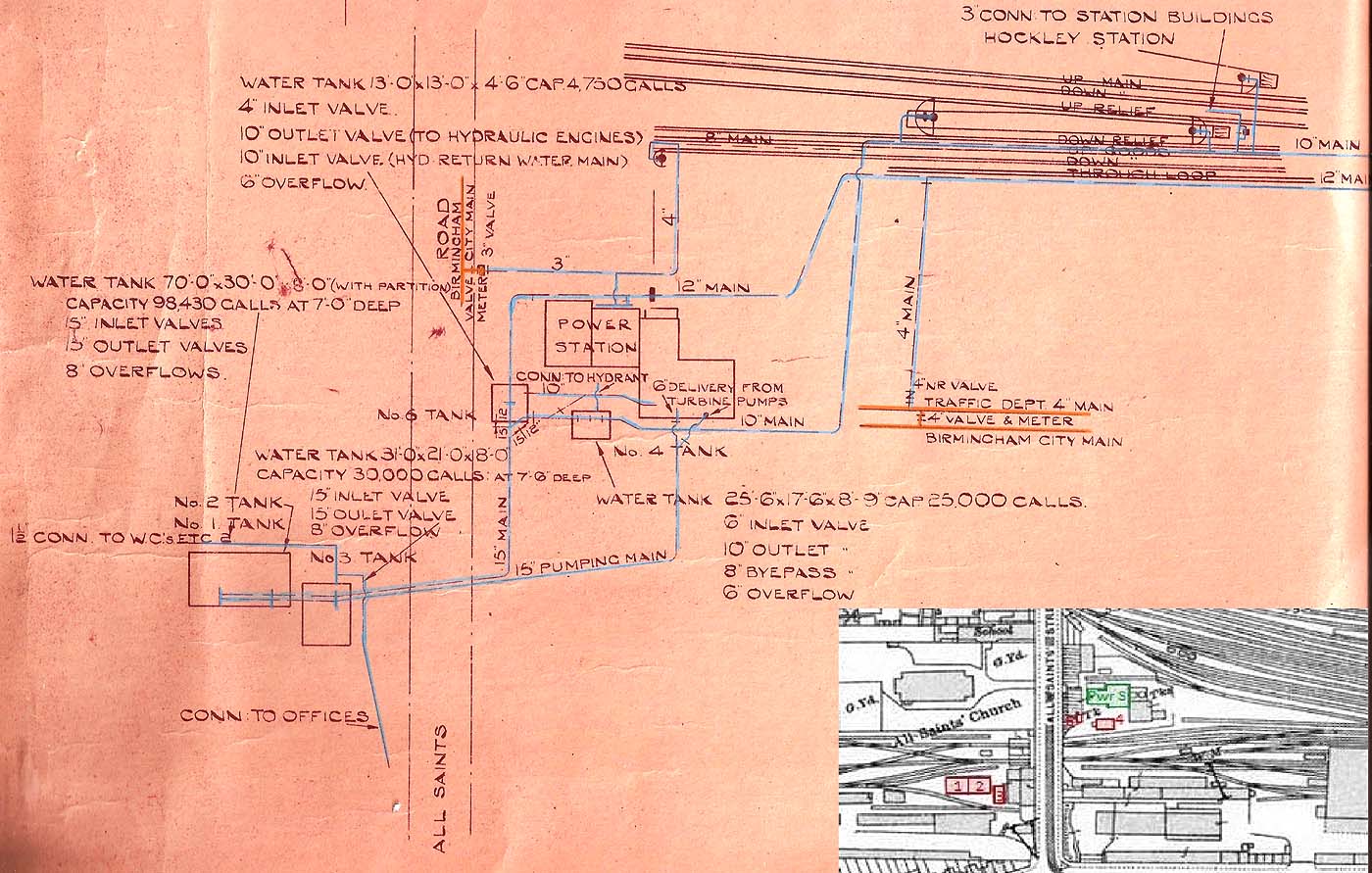 Extract from GWR Diagram No 104639 which shows their private water mains at Hockley, with inserted an annotated Ordnance Survey Map from 1913