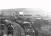 Looking south showing the Outward shed and sidings and a GWR 0-6-0ST on the shed's connecting lines