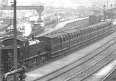 Close up showing an unidentified GWR 2-6-2T Prairie locomotive running bunker first from platform 3 at Hockley station