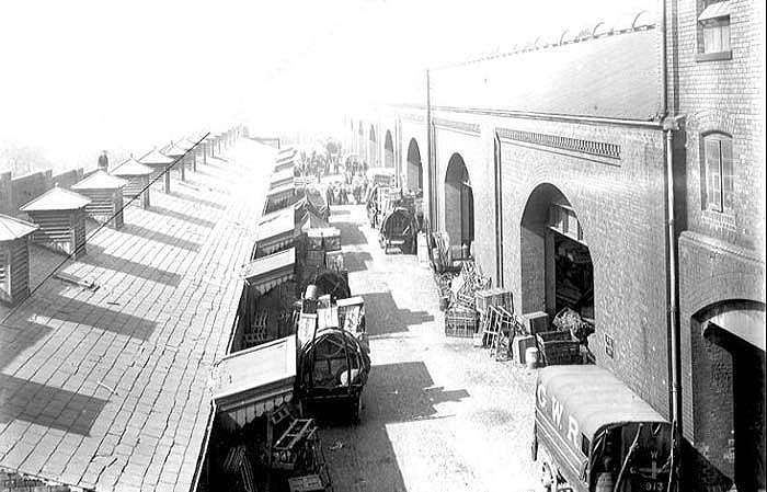 An elevated view showing the stable block on the left and the old 'Outwards and Tranship shed' on the right