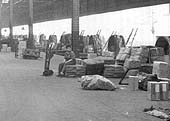Close up showing Top shed's cartage area with rows of horse-drawn vehicles and a young female porter at rest