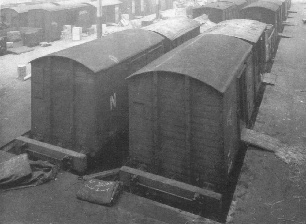 View of several Box Vans ready to be loaded on 2nd November 1939 including one from the LNER