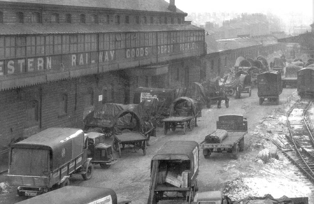 Close up showing the variety of road transport employed by the GWR for cartage at Hockley in 1940