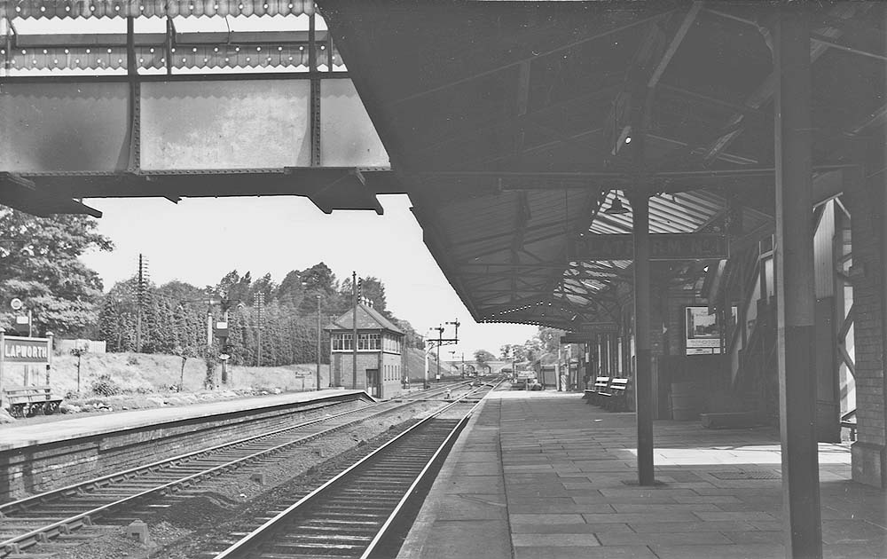 A panoramic view of station looking towards Birmingham with the signal box located in the centre of the two sets of tracks