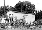 The rear of the corrugated hut standing on the Birmingham end of Platform 1 as viewed from Station Road