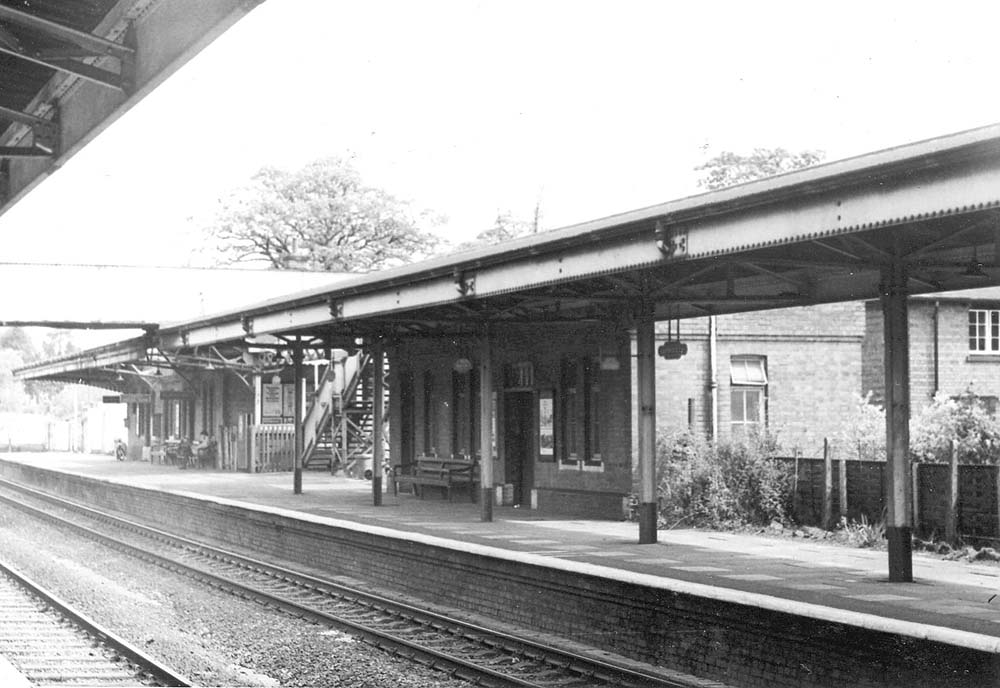 View of Platform 1 looking towards Birmingham with the new building seen nearest to the camera on 3rd June 1972