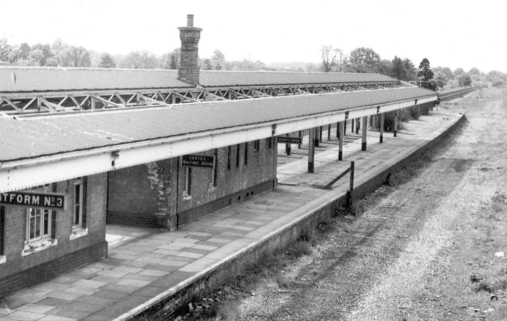 View from the passenger footbridge of Lapworth station's disused platform 3 as seen on 3rd June 1972