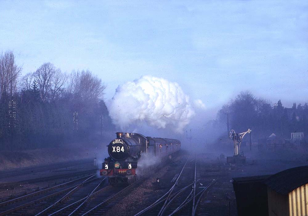 British Railways 4-6-0 4073 (Castle) class No 7029 Clun Castle in pristine condition with an express headcode and excursion X84 destination board on a SLS special