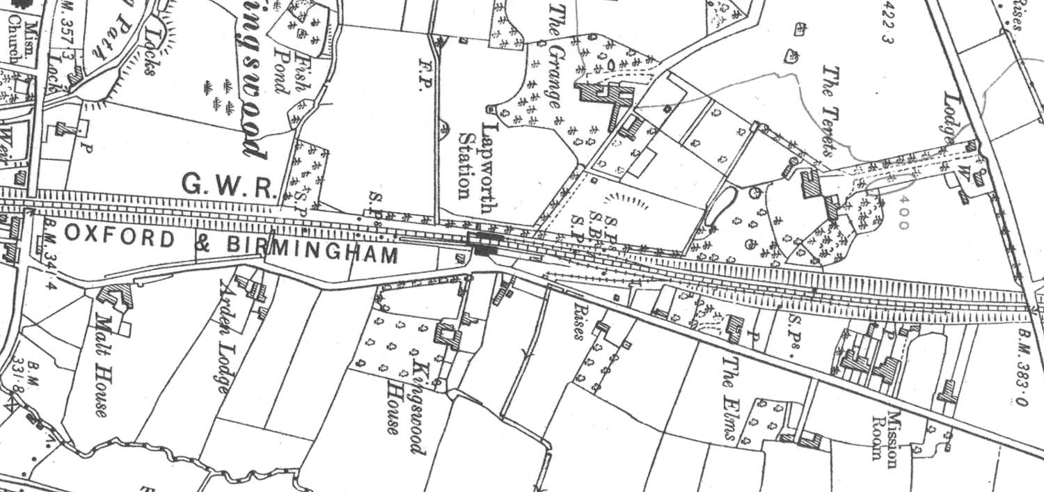A 1914 Ordnance Survey map of Lapworth station showing no change to the station's layout of bay platform, goods yard and refuge siding