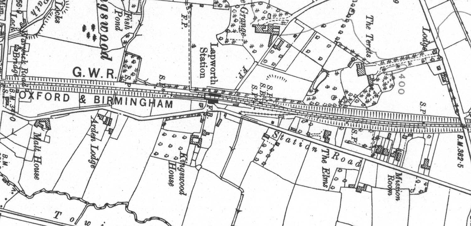 A 1923 Ordnance Survey map of Lapworth station showing no change to the station's layout of bay platform, goods yard and refuge siding