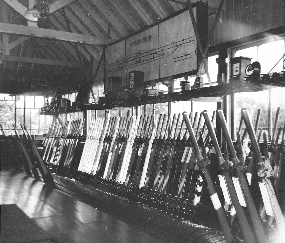 An interior view of Lapworth Signal Box showing both levers and Signal Diagram in the mid-1960s