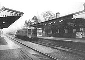 Looking towards Birmingham from the down platform towards the main station building with a GWR Autotrain standing in the up platform