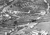View of the three main components of the 1906 engine shed, the coal stage, the turntable and the four-road shed