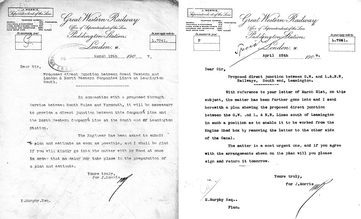 Two letters, dated 19th March and 25th April 1907, from the GWR�s Superintendent of the Line to the Divisional Superintendent at Birmingham