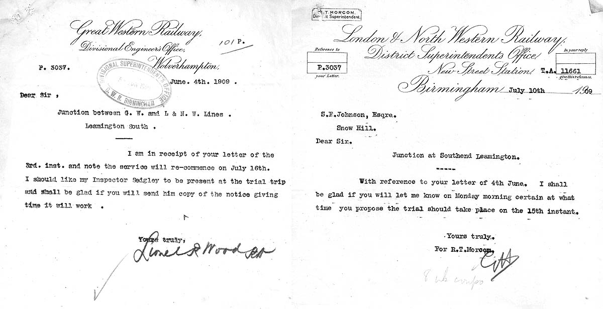 Letter regarding a trial over the Leamington South Junction taking place on the 15th July 1909
