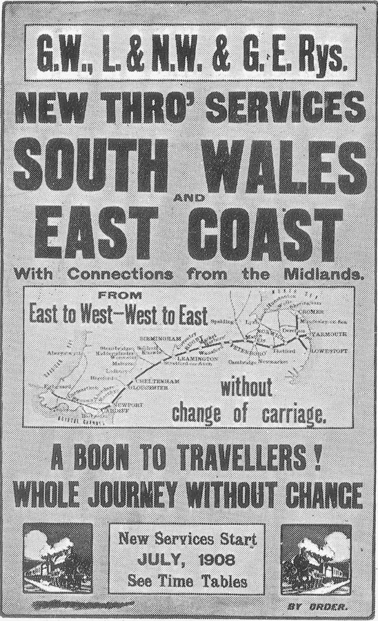 A poster advertising the new joint through service from South Wales to the East Coast via Leamington, starting in July 1908