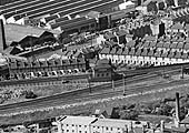 View of the three main components of the 1906 engine shed, the coal stage, the turntable and the four-road shed