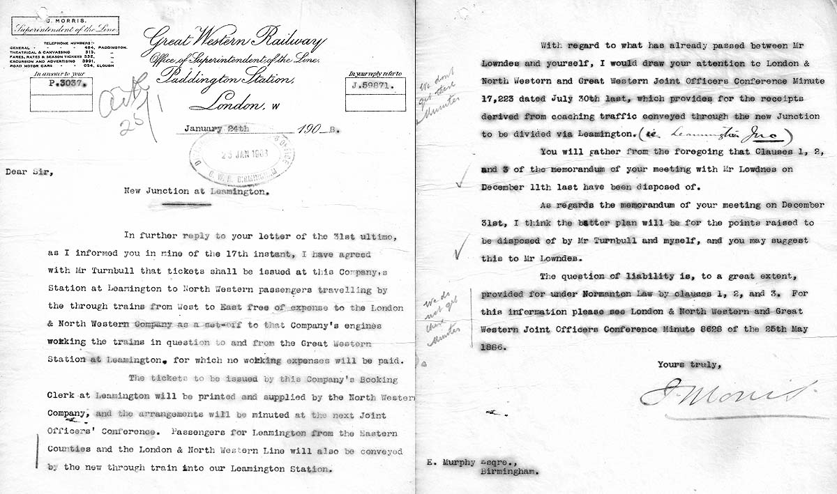 An internal letter, dated 24th January 1908, from the GWR Superintendent of the Line the Divisional Superintendent at Birmingham Snow Hill regarding the proposed direct junction