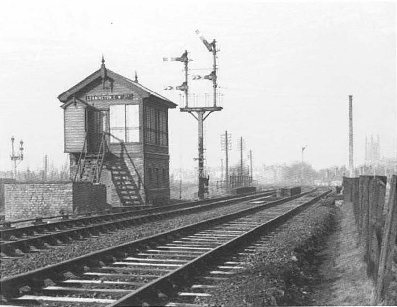Looking towards Leamington along the L&NWR branch from Rugby with the L&NWR Signal Cabin on the left in 1958