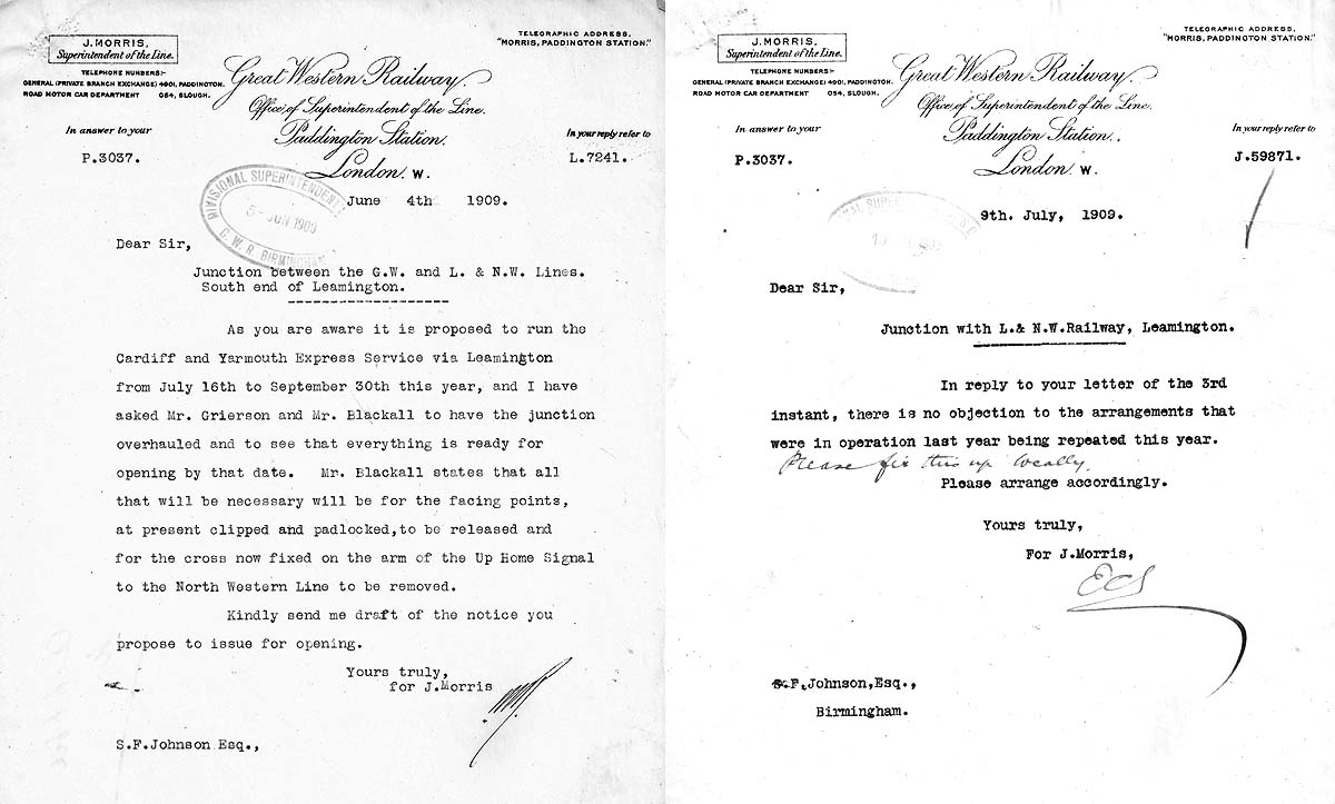 Two letters, dated 4th June 1909 and 9th July1909, from the GWR�s Superintendent of the Line to the Divisional Superintendent at Birmingham regarduing the reopening of the junction