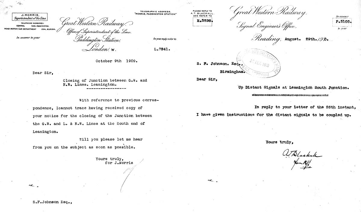 Two letters, dated 9th October 1909 and 29th August 1910, sent to the GWR�s Divisional Superintendent at Birmingham regarding the junction
