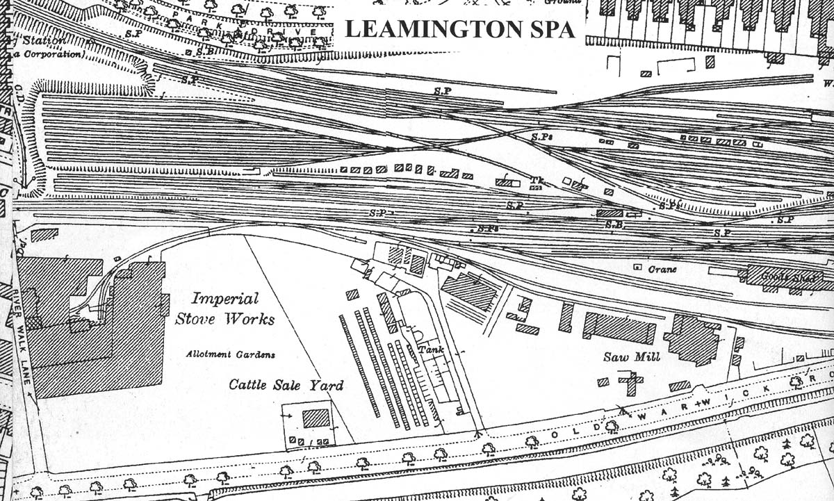 A 1925 map showing the northern approach to Leamington station, the goods yard and the exchange sidings