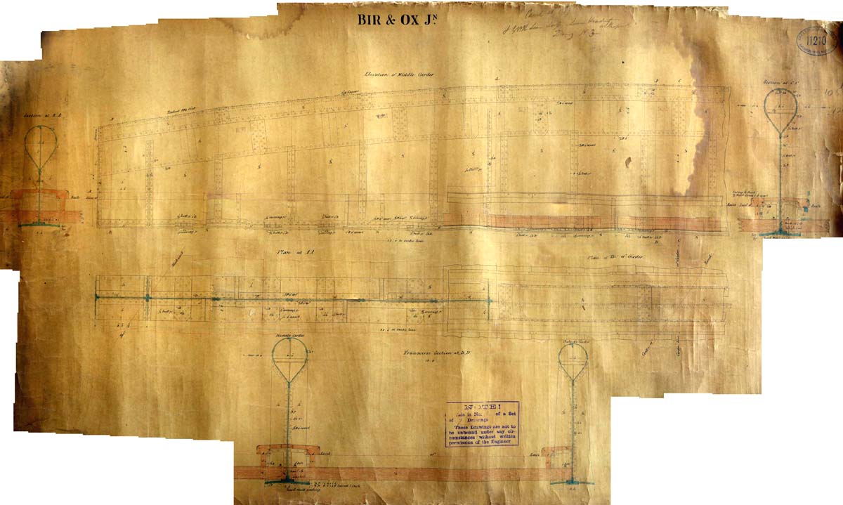Drawing of the constructional details of the centre girder of a bowed balloon-topped wrought iron bridge
