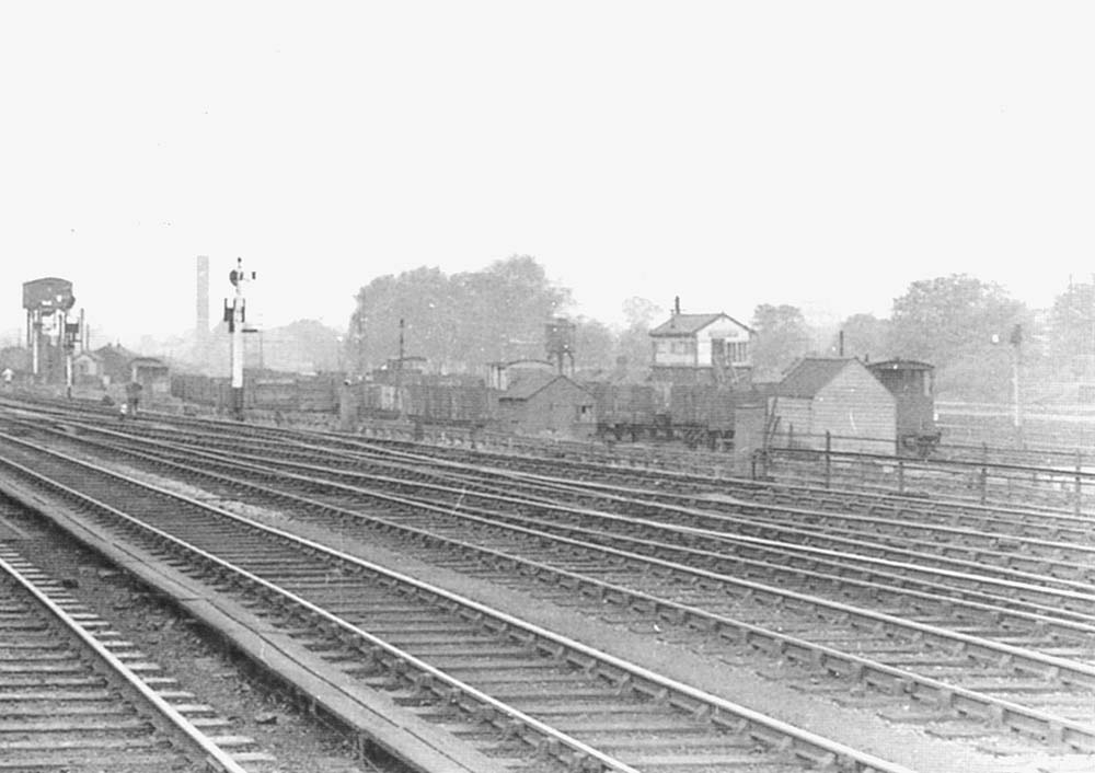 Close up showing the  former LNWR signal box and the ex-LNWR sidings which located on the other side of the railings