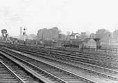 Close up showing the  former LNWR signal box and the ex-LNWR sidings which located on the other side of the railings