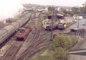 A close up view showing the remains of Leamington station's goods yard, sidings and goods shed circa 1980