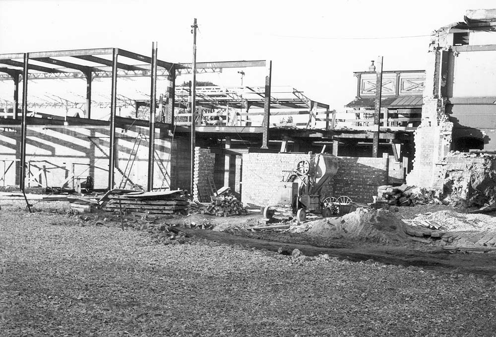View of  for the new main station buildings and up platform canopy being erected in the background