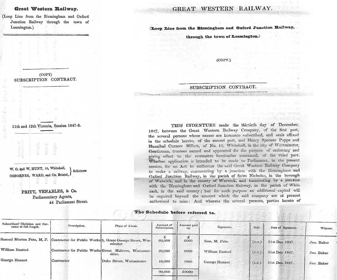 Copy of the Subscription Document for financing the GWR Loop Line through the Town of Leamington