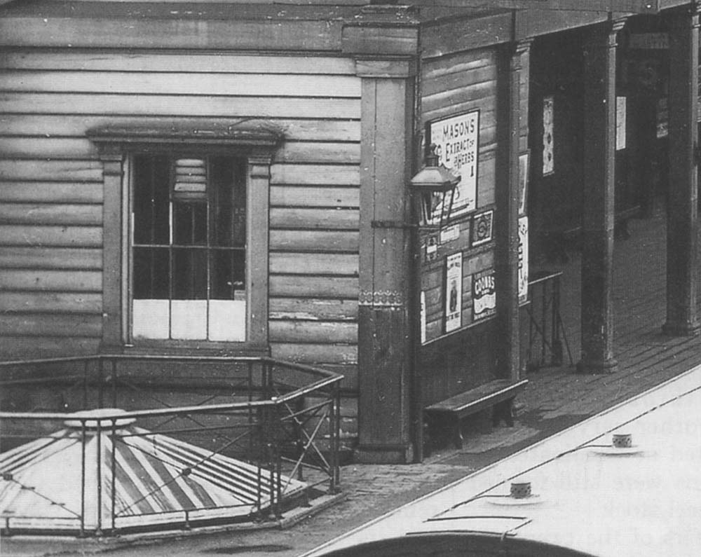 Close up showing the glass cupola located above the junction of the down platform stairs with the subway