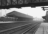 Looking towards London from the Warwick end of the down platform on a foggy day in the early 1930s