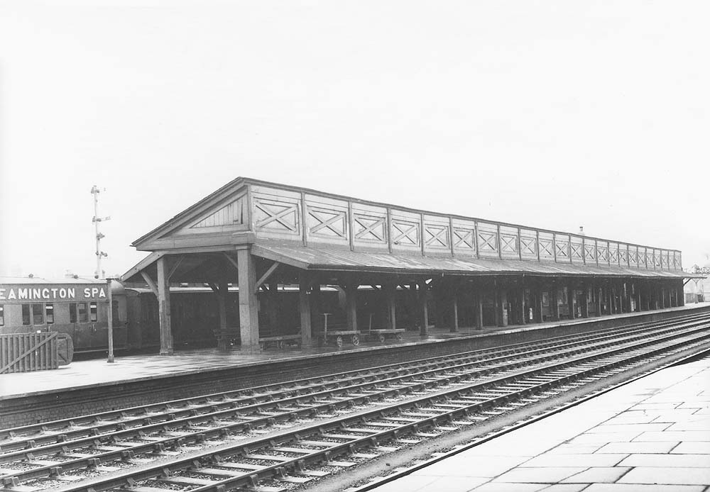 View of the up platform from the west end of the down platform with coaching stock seen standing in the up bay