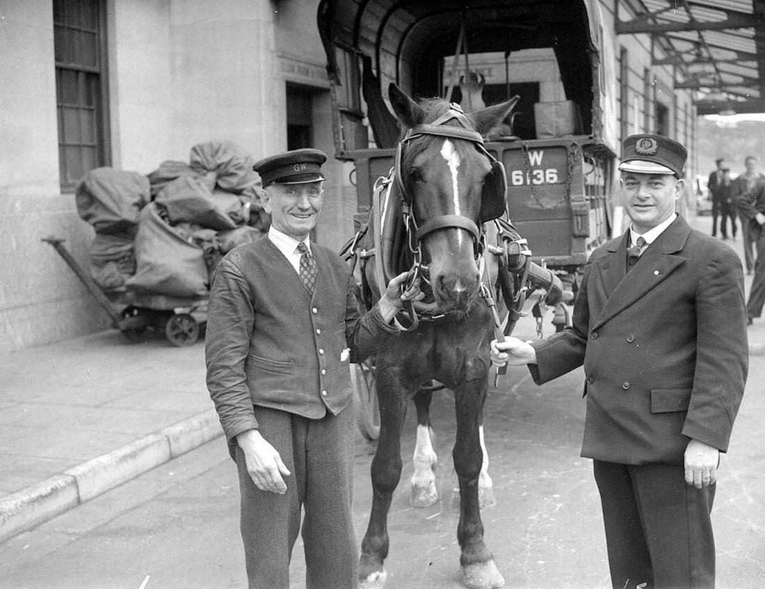Another view of the last horse drawn cart working at Leamington station seen on 25th August 1949