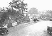 Looking east towards the High Street with the lower section of the forecourt being used as car parking for passengers