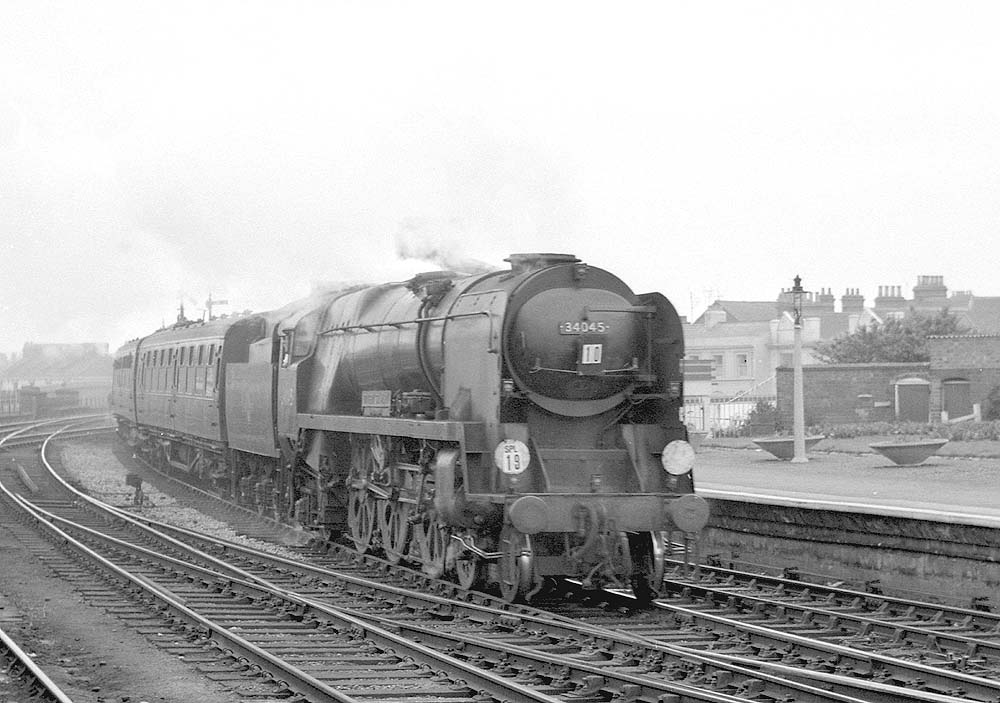 Ex-SR 4-6-2 Rebuilt West Country class No 34045 'Ottery St Mary' heads a Coventry Cathedral special through Leamington