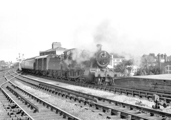 Ex-GWR 2-6-0 No 5387 arrives at Leamington station on a down express in the early 1960s