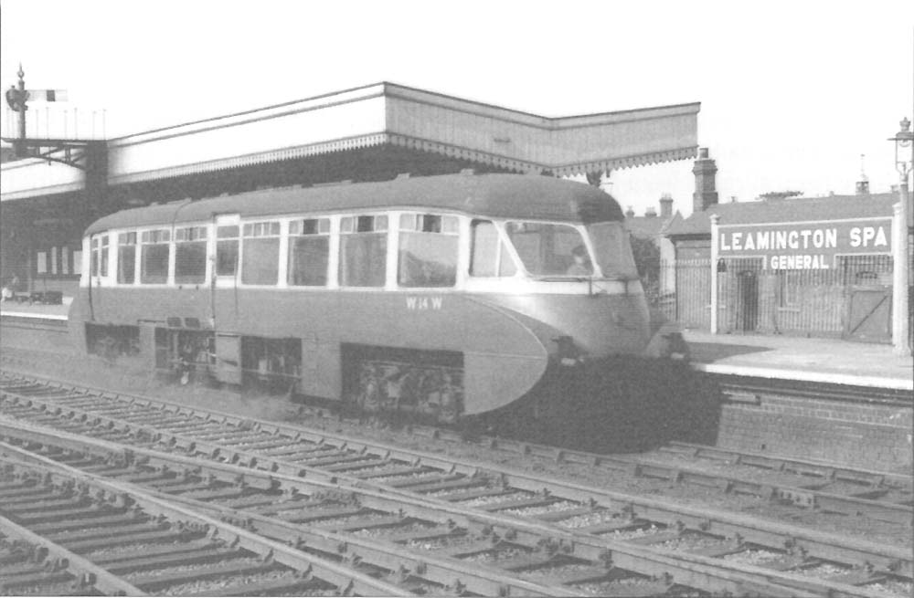 Ex-GWR Railcar No 14 having arrived from Stratford upon Avon stands at Leamington station's up platform in 1959