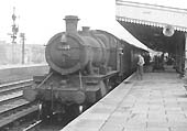 Ex-GWR 43xx Class 2-6-0 No 7305 pauses with a local passenger service at Leamington's down platform in August 1960