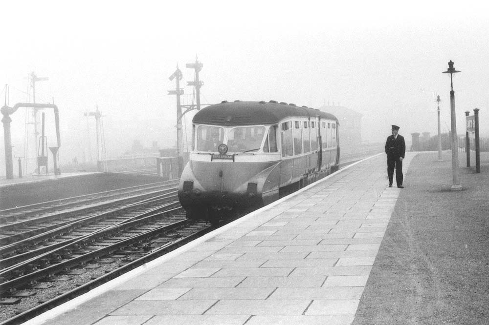 Ex-Great Western Railway Diesel Railcar No W13W displaying �TRPS Special� headboard draws into the southern end of Leamington Spa Station to stop at the down main platform on Saturday 26th September 1953
