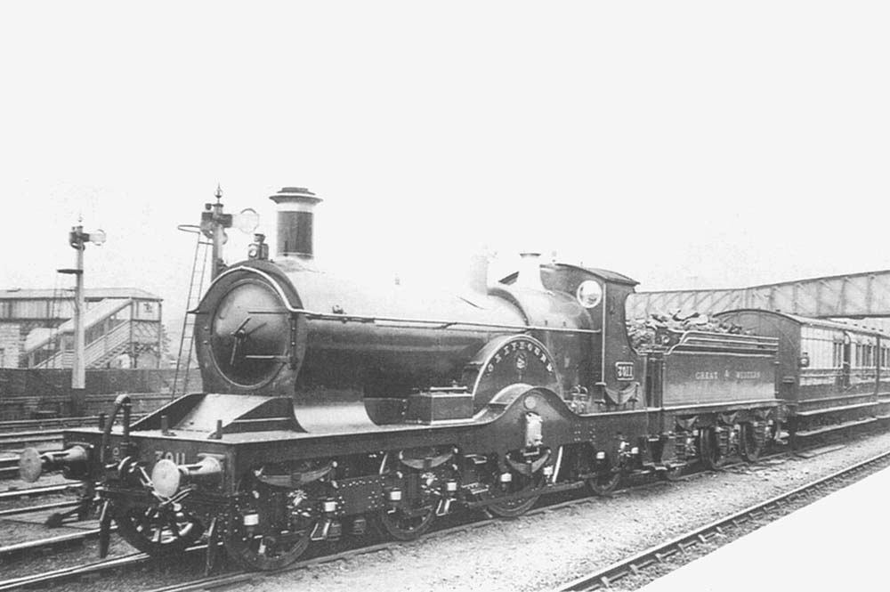 GWR Dean 4-2-2 'Achilles' class No 3011 'Greyhound', an Oxford based locomotive, stands in the middle sidings