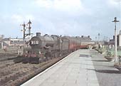 Ex-GWR 4-6-0 Castle class No 7000 'Viscount Portal enters the south end of the station with the 2 10pm Paddington to Birkenhad express