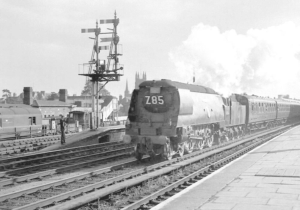 Ex-SR 4-6-2 Battle of Britain class No 34064 'Fighter Command' hurries through Leamington on the annual Tallylyn Special to Towyn 