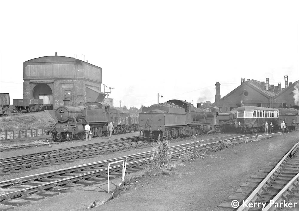 Ex-GWR 5101 Class 2-6-2T No 5184 is stabled on the short siding adjacent to the coaling road one Sunday