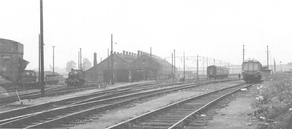 Panoramic view of Leamington shed and carriage sidings circa 1963 showing two locomotives being prepared